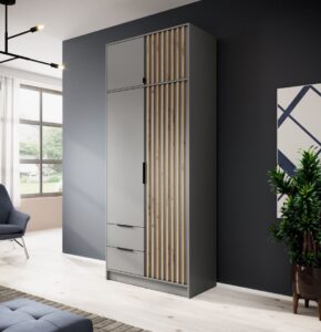 Szafa Nelly z lamelami 2D z nadstawką - Szara / Lamela Artisan - Piaski