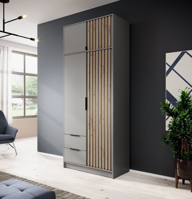 Szafa Nelly z lamelami 2D z nadstawką - Szara / Lamela Artisan - Piaski