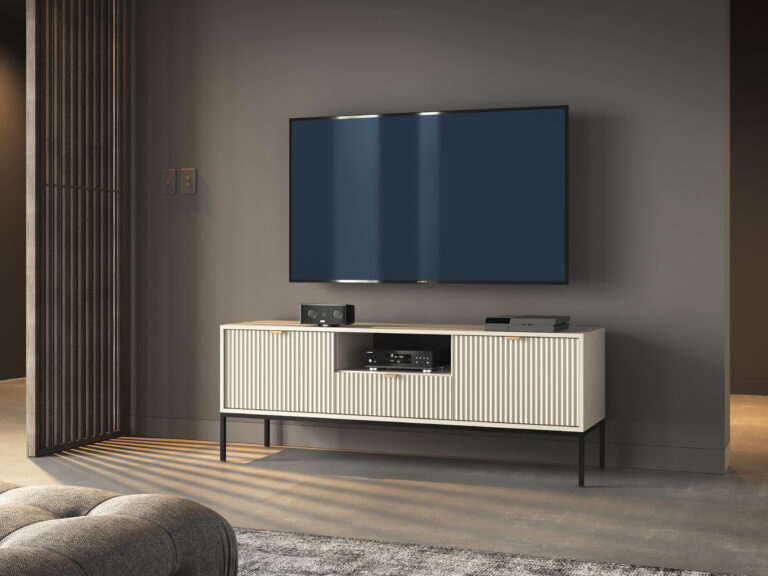 Komoda Szafka RTV Nova RTV154 - Kaszmir / stelaż czarny / uchwyty złote - Piaski