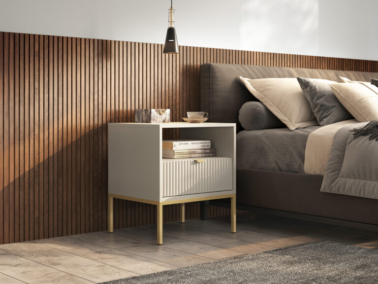 Stolik nocny Nova S54 - Kaszmir / stelaż złoty / uchwyty złote - Piaski