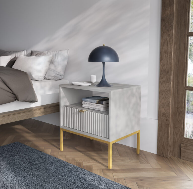Stolik nocny Nova S54 - Szary / stelaż złoty / uchwyty złote - Piaski