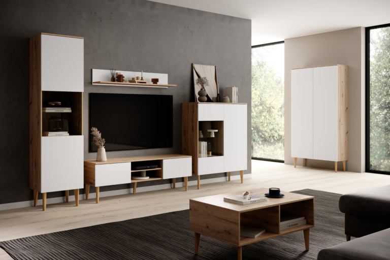 Zestaw Mebli Bergen do salonu - Biały / Dąb Artisan - Paws