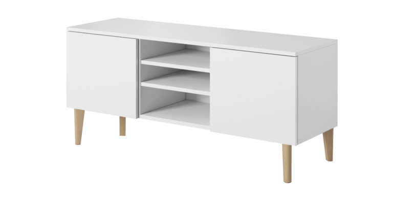 Szafka stolik RTV 120 2D Asgard - Biała / Nogi Drewniane - Paws