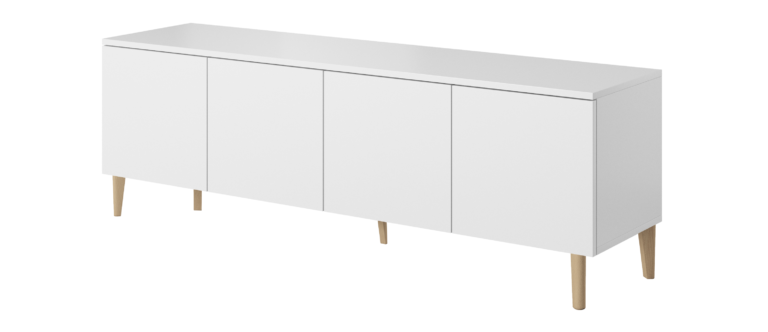 Szafka stolik RTV 150 4D Asgard - Biała / Nogi Drewniane - Paws