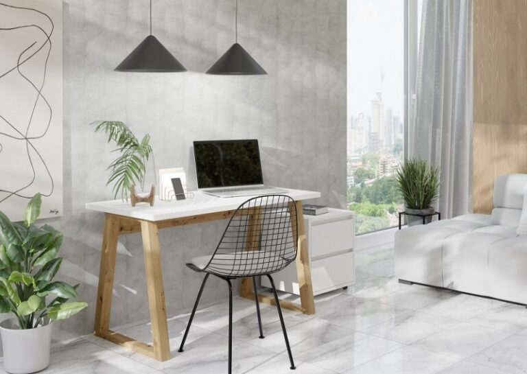 Loftowe biurko Loft Figate + Kontenerek - Białe / Dąb Artisan - Maridex