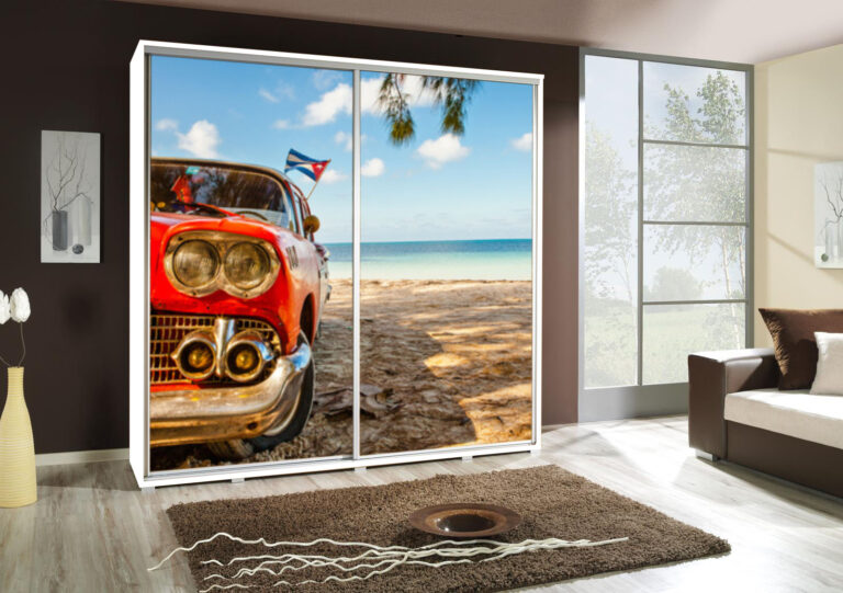 Szafa przesuwna Penelopa 205 cm z motywem Auto 1 - Biała - Maridex