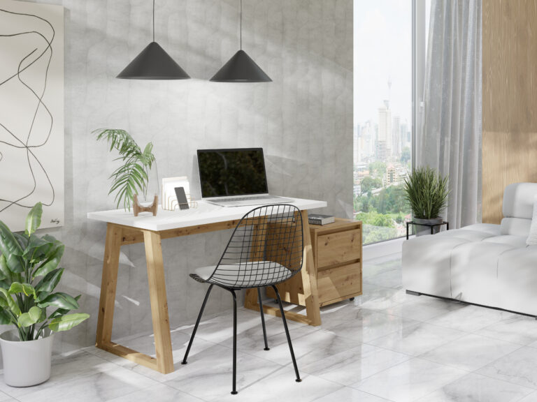 Loftowe biurko Loft Figate + Kontenerek - Białe / Dąb Artisan - Maridex