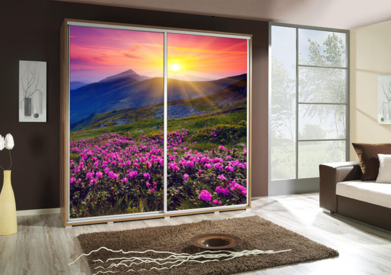 Szafa przesuwna Penelopa 205 cm z motywem Góry 2 - Dąb Artisan - Maridex