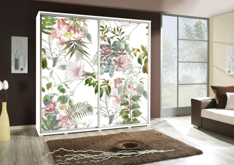 Szafa przesuwna Penelopa 205 cm z motywem Kwiaty - Biała - Maridex