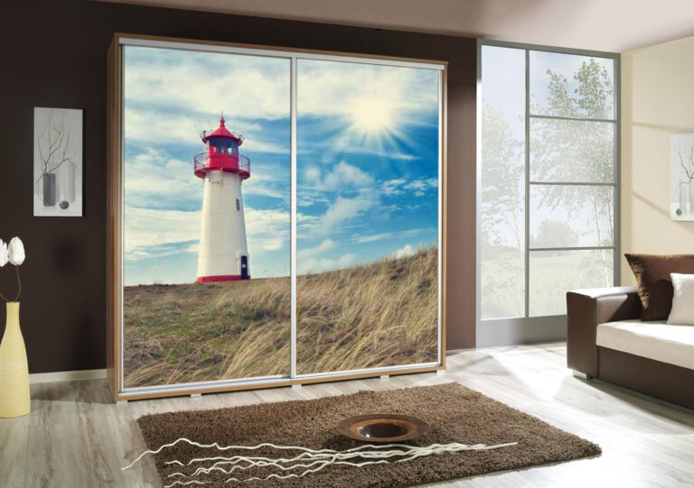 Szafa przesuwna Penelopa 205 cm z motywem Latarnia - Dąb Artisan - Maridex