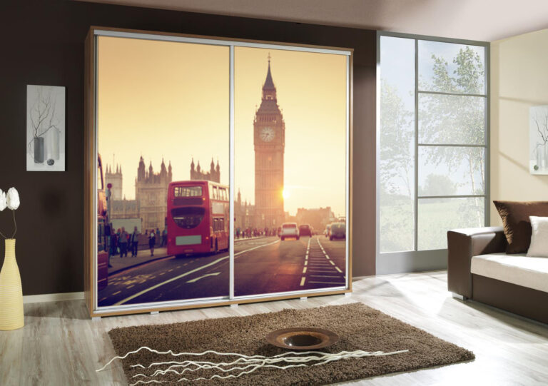 Szafa przesuwna Penelopa 205 cm z motywem Londyn 1 - Dąb Artisan - Maridex