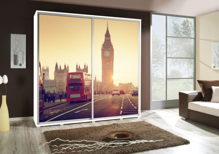 Szafa przesuwna Penelopa 205 cm z motywem Londyn 1a - Biała - Maridex