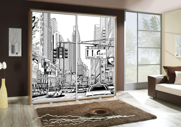 Szafa przesuwna Penelopa 205 cm z motywem Miasto - Dąb Artisan - Maridex