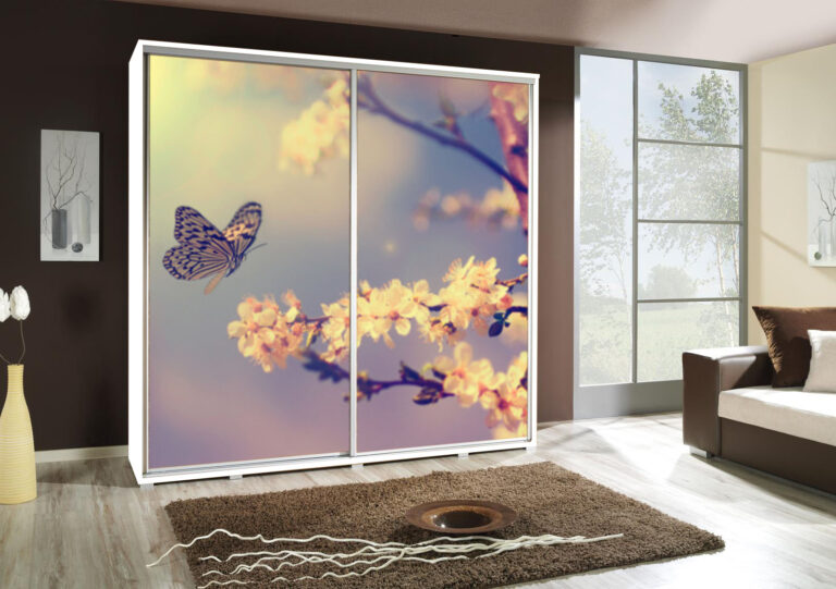 Szafa przesuwna Penelopa 205 cm z motywem Motyl 2a - Biała - Maridex