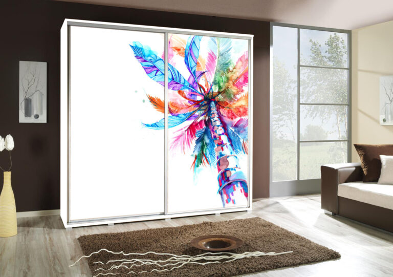 Szafa przesuwna Penelopa 205 cm z motywem Palma 1 - Biała - Maridex