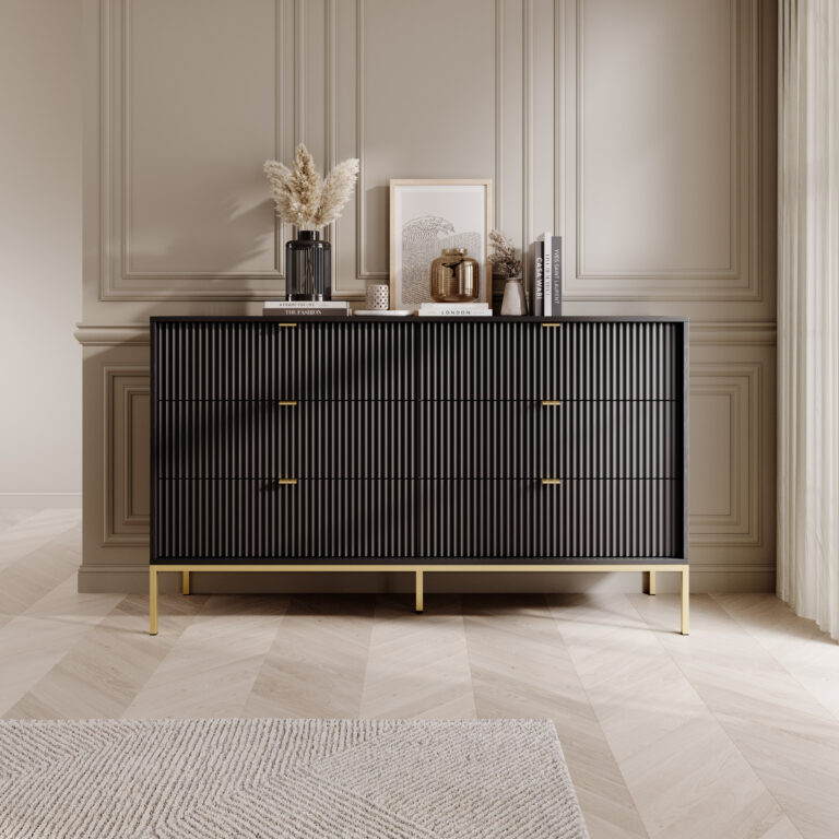 Komoda Nova KS154 - Czarna / stelaż złoty / uchwyty złote - Piaski