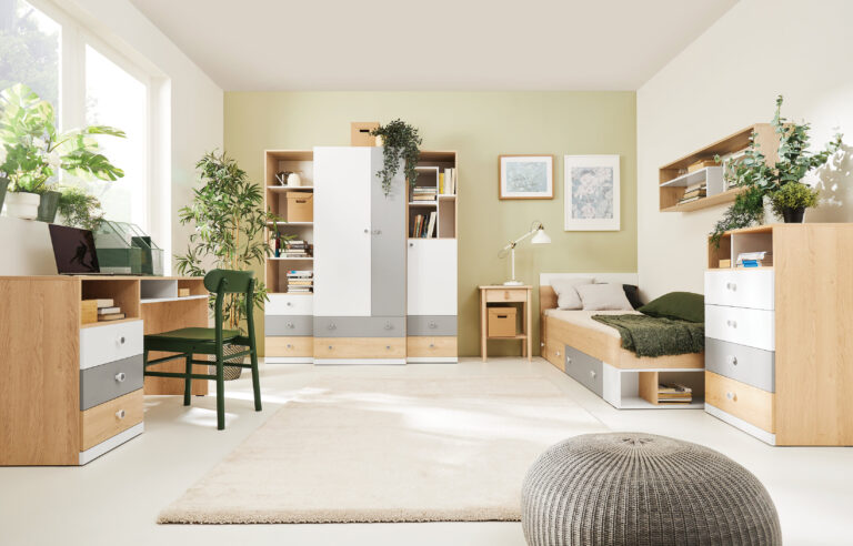 Zestaw mebli młodzieżowych Pixel - Dąb Biszkoptowy / Biały Lux / Szary - Meblar