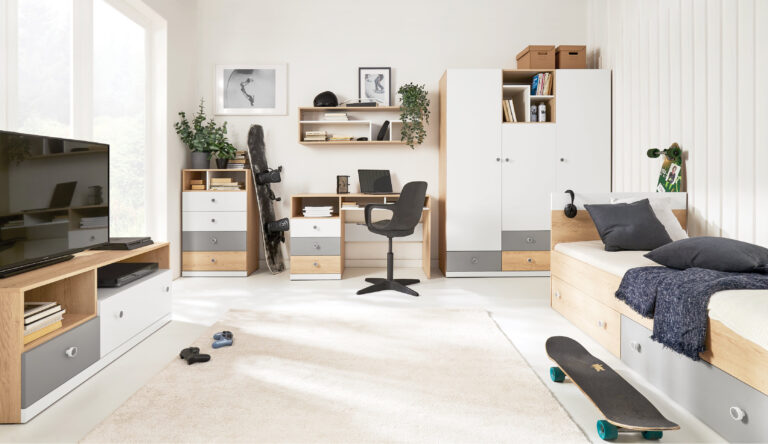 Zestaw mebli młodzieżowych Pixel - Dąb Biszkoptowy / Biały Lux / Szary - Meblar