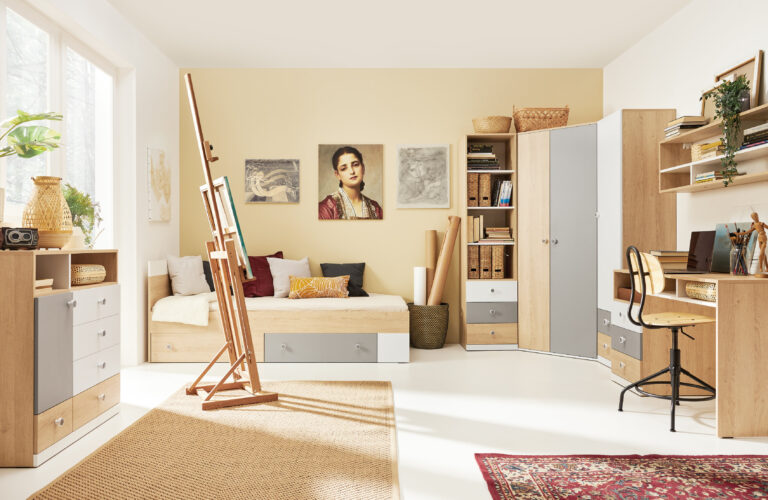 Zestaw mebli młodzieżowych Pixel - Dąb Biszkoptowy / Biały Lux / Szary - Meblar