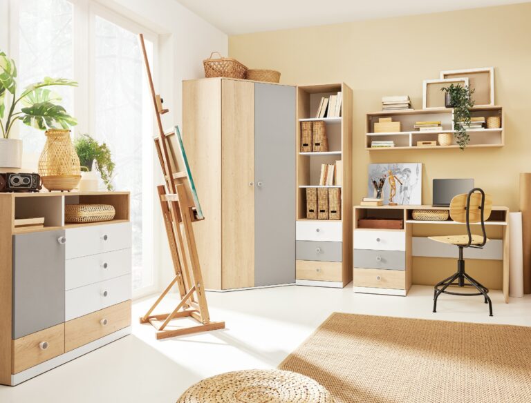 Zestaw mebli młodzieżowych Pixel - Dąb Biszkoptowy / Biały Lux / Szary - Meblar
