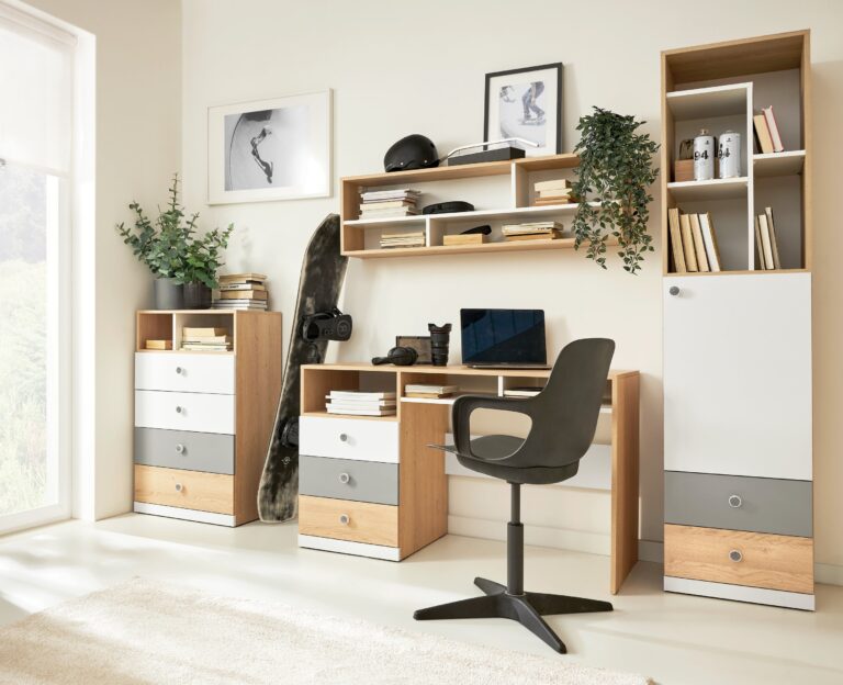 Zestaw mebli młodzieżowych Pixel - Dąb Biszkoptowy / Biały Lux / Szary - Meblar