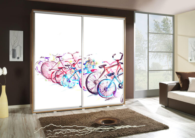 Szafa przesuwna Penelopa 205 cm z motywem Rowery - Dąb Artisan - Maridex