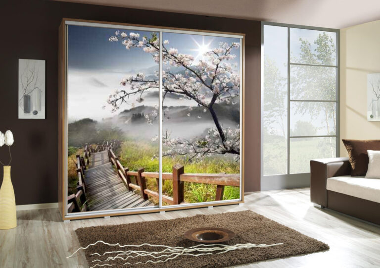 Szafa przesuwna Penelopa 205 cm z motywem Schody - Dąb Artisan - Maridex