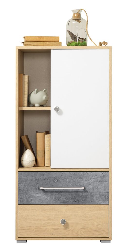 Regał młodzieżowy niski z szufladami Step ST05 - Dąb Biszkoptowy / Biały Lux / Beton - Meblar