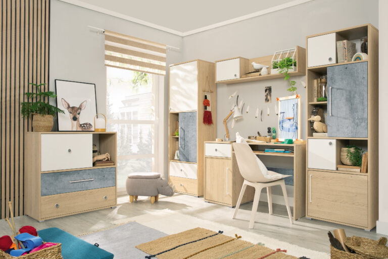 Zestaw do pokoju młodzieżowego Step - Dąb Biszkoptowy / Biały Lux / Beton - Meblar