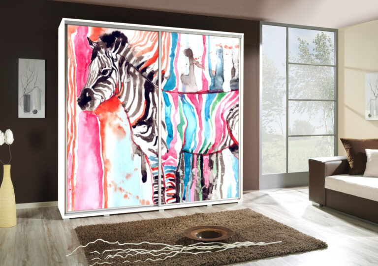 Szafa przesuwna Penelopa 205 cm z motywem Zebra - Biała - Maridex