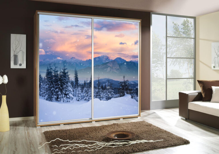 Szafa przesuwna Penelopa 205 cm z motywem Zima 1 - Dąb Artisan - Maridex