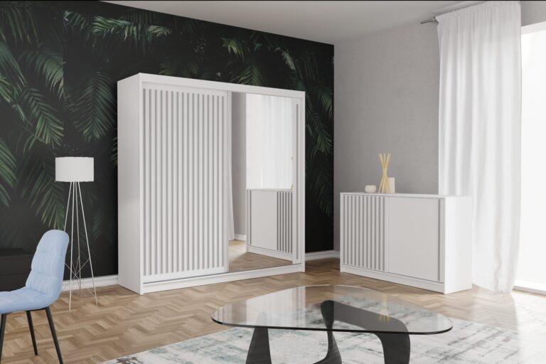 Szafa Royal + Komoda - Biała / Lamele Szare / Lustro - Arkos