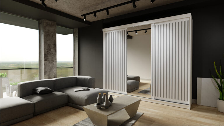 Szafa Royal 250 cm - Biała / Lamele Szare / Lustro - Arkos