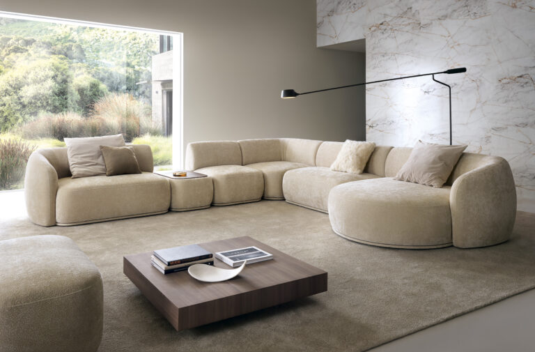 Narożnik Modułowy NOBO - 2L-PFT-1-E-2+OTR  - Obłe Kształty - Tkanina Szenil Dress Me - Piaski Meble