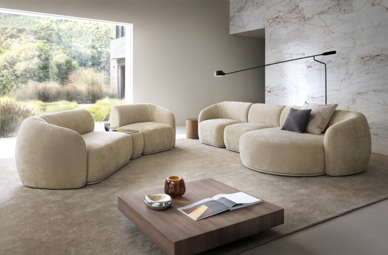 Narożnik Modułowy NOBO - 2L-TPFT-1R-1L-1 + OTR  - Obłe Kształty - Tkanina Szenil Dress Me - Piaski Meble