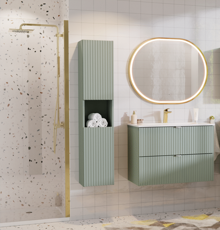 Meble łazienkowe z umywalką meblową, lustrem oraz baterią - Line Reed Green - Szałwia - Comad