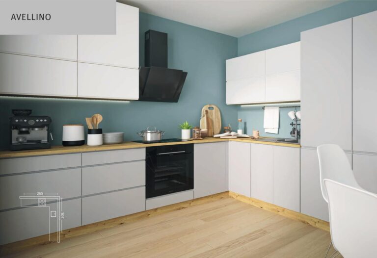 Meble Kuchenne Avellino - Biały Mat/Dust Grey/Dąb Artisan - Akryl 19 mm - Extom