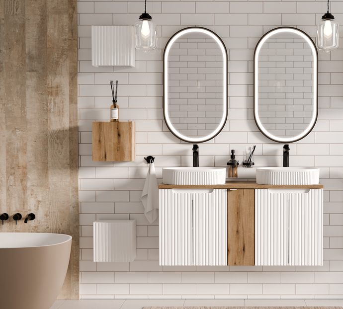 Meble łazienkowe z umywalkami nablatowymi, szafkami pod umywalki, blatem, regałami zamkniętymi, szafką wąską, lustrami oraz bateriami - Nova - White / Biały - Comad