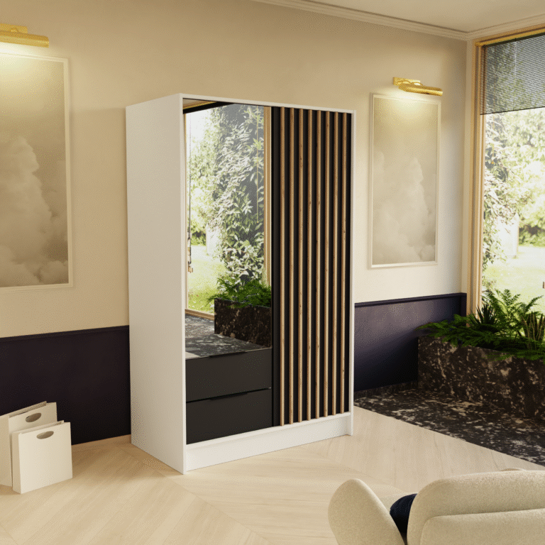 Szafa Nero z lustrem i lamelami 100 cm - Biały / Czarny - Arton