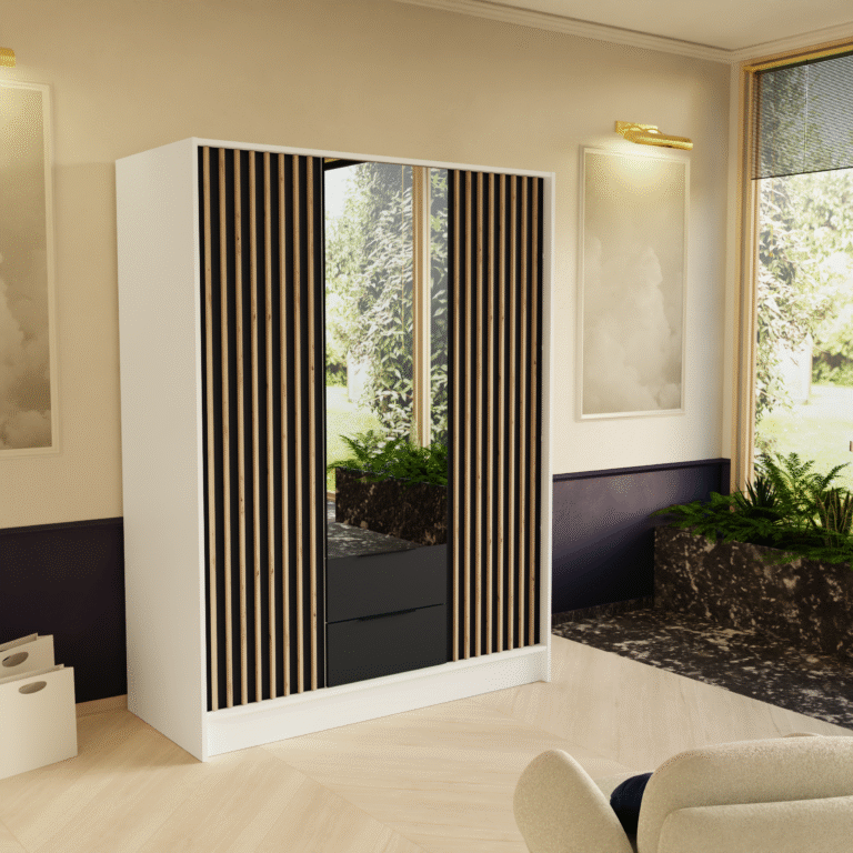 Szafa Nero z lustrem i lamelami 150 cm - Biały / Czarny - Arton