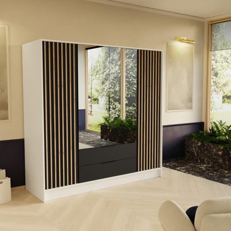 Szafa Nero z lustrami i z lamelami 200 cm - Biały / Czarny - Arton