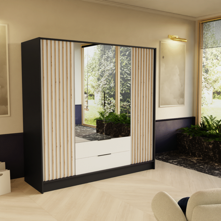 Szafa Nero z lustrami i z lamelami 200 cm - Czarny / Biały - Arton