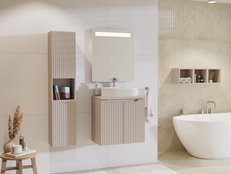 Meble łazienkowe z szafką pod umywalkę, blatem, umywalką meblową oraz regałami otwartymi - Nova - Cashmere / Kaszmir - Comad