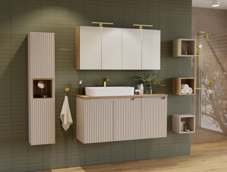 Meble łazienkowe z szafką pod umywalkę, szafką z koszem na pranie, blatem, umywalką nablatową oraz regałami otwartymi - Nova - Cashmere / Kaszmir - Comad