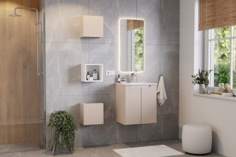 Meble łazienkowe z szafką i umywalką meblową, regałami zamkniętymi, regałem otwartym, lustrem oraz baterią - Nova - Cashmere / Kaszmir - Comad