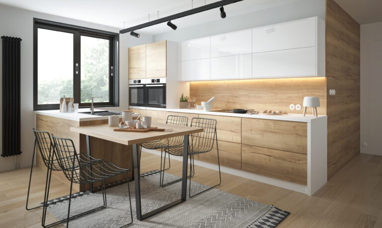 Meble Kuchenne Treviso/Carrini - Dąb Halifax/Biały Połysk - Laminat/Akryl 19 mm - Extom