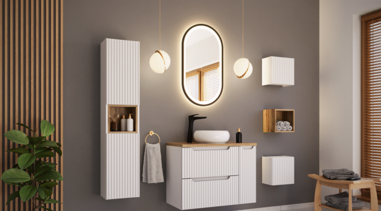 Meble łazienkowe z umywalką nablatową, blatem, szafką wysoką, regałami otwartymi, regałami zamkniętymi, szafką pod umywalkę, szafką wąską, lustrem oraz baterią - Nova - White / Biały - Comad