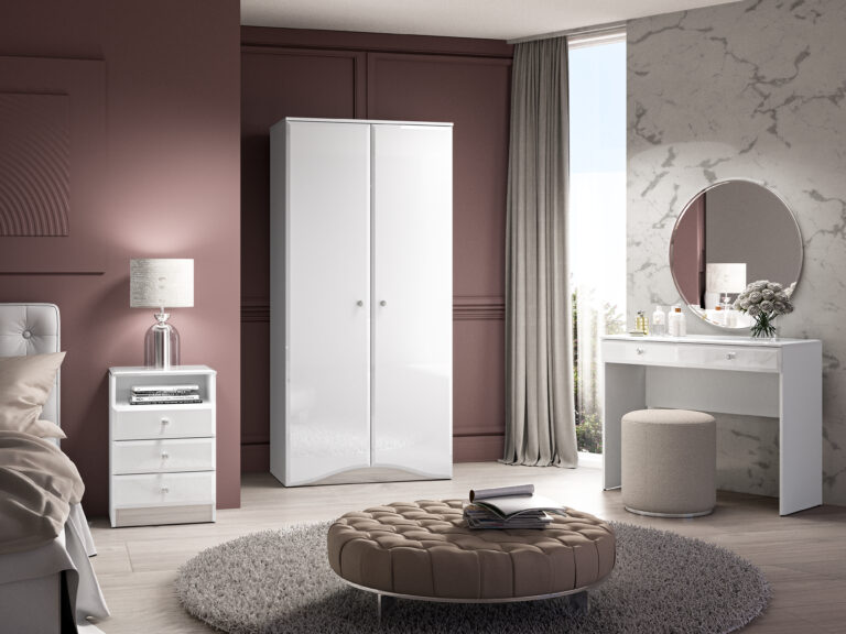 Zestaw Glamour Szafa 08 + Toaletka 05 + Szafka nocna 07 - Biały Połysk / Biały - ML Meble