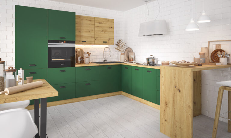 Meble Kuchenne Silver - Fronty Zieleń Labrador/Dąb Artisan - Laminat 18 mm - Extom