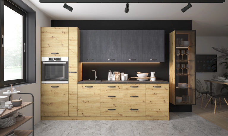 Meble Kuchenne Silver - Fronty Fresco Antracyt/Dąb Artisan - Laminat 18 mm - Extom